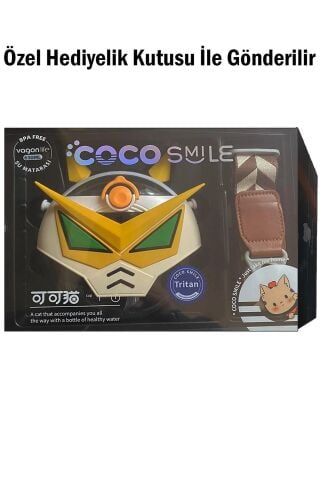 CocoSmile Özel Kutulu 630 ML Pipetli Robot Temalı Tritan Su Matarası -Boyun Askılı Beyaz