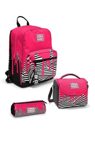 GOSHOPYA Pembe Siyah Beyaz Desenli 3’lü Okul Çanta Seti GOSET0123678