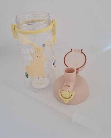 Shotay ST-7006 600ML Sarı Tritan Pipetli Askılı Lama Desenli Matara