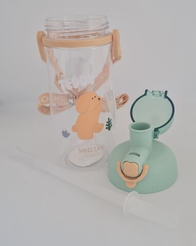 Shotay ST-7006 600ML Yeşil Tritan Pipetli Askılı Köpek Desenli Matara