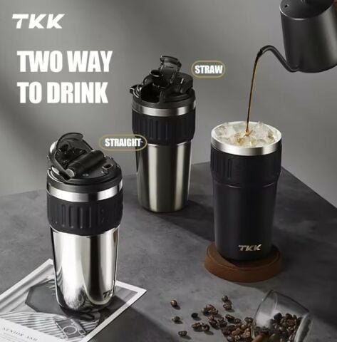 TKK 630ml Pipetli/Pipetsiz Kullanım Askılı Paslanmaz Çelik Mug (Black)