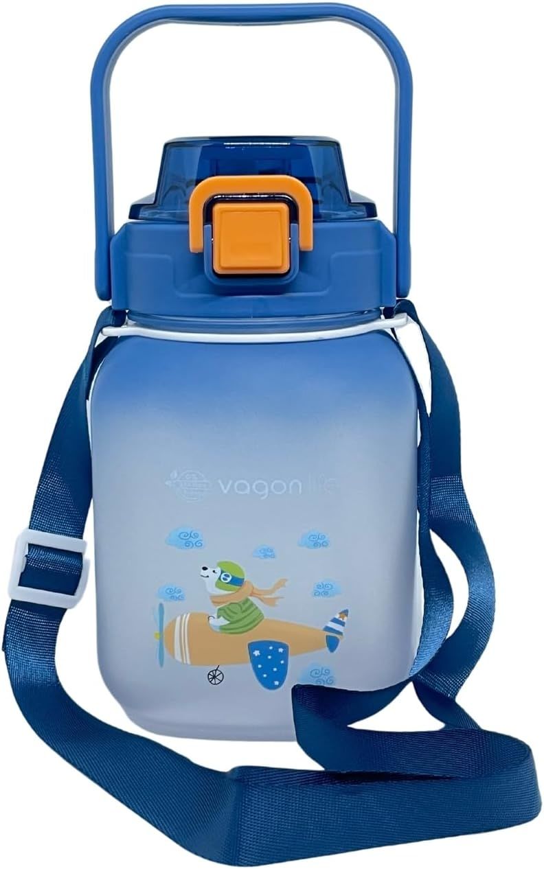 Vagonlife VGN2275-T Mavi 1100ML Çocuk Pipetli/Pipetsiz Kullanım Su Matarası -Askılı- -Çıkartma Hediyeli