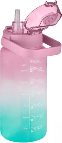 Vagonlife VGN2213-T Pembe-Turkuaz 1500ML  Pipetli/Pipetsiz Kullanım Çift Renk SoftTouch Motivasyon Matarası