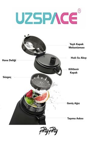 3038 Buz Mavi Büyük Boy 28 Cm 1000 Ml 1 Litre Su Matarası Bpa Koku Sızdırma Yok 3038