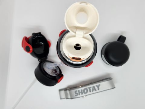 Shotay ST-8812 Space 600ML Çift Başlık (Kapak) Termos Matara Siyah-Kırmızı