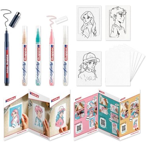 Edding Akrilik Yaratıcı Manga Seti / 5300 Akrilik İnce Yuvarlak Uçlu ~1-2 mm Markör / 1800 Profiren 0,7 Kalem