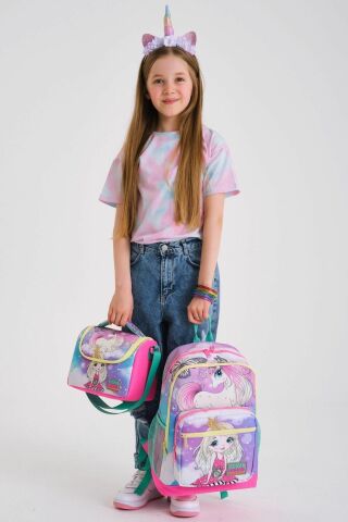 Kids Pembe Su Yeşili Unicornlu Kız Desenli 3’lü Okul Çanta Seti SET0123733