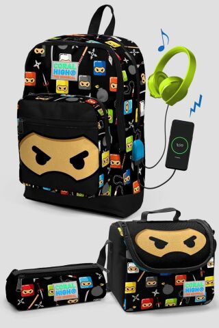 Kids Siyah Ninja Desenli Dört Bölmeli Usb Şarjlı Kulaklık Çıkışlı 3'lü Çanta 23285