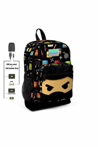 Kids Siyah Ninja Desenli Dört Bölmeli Usb Şarjlı Kulaklık Çıkışlı 3'lü Çanta 23285