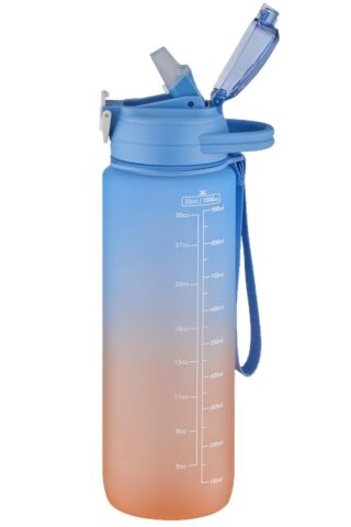Vagonlife 2219 1000ml Mavi Pipetli Çift Renk Motivasyon Su Matarası -sticker Hediyeli