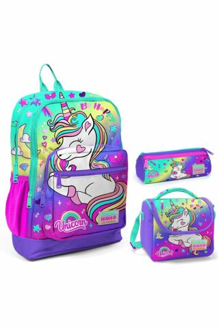 Su Yeşili Lavanta Unicorn Üçlü Ilkokul Okul Çanta Seti