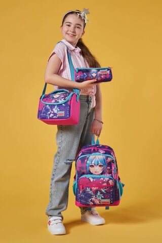 Kids Mor Pembe Anime Kedi Desenli 3’lü Okul Çanta Seti SET0123753