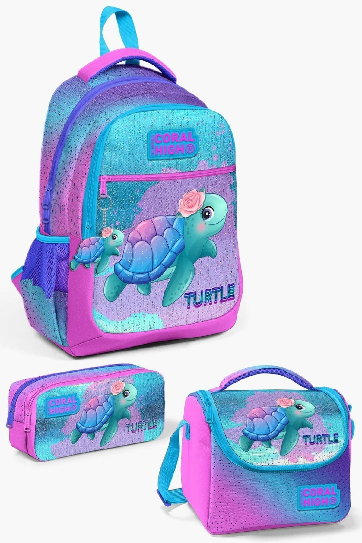 Kids Açık Pembe Mavi Kaplumbağa Desenli 3’lü Okul Çanta Seti SET0123497