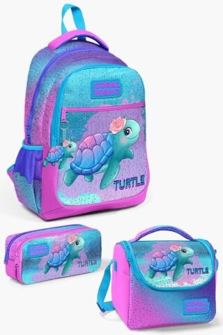Kids Açık Pembe Mavi Kaplumbağa Desenli 3’lü Okul Çanta Seti SET0123497