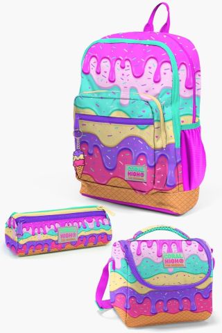 Kids Pembe Rengarenk Dondurma Desenli 3’lü Okul Çanta Seti SET0123731