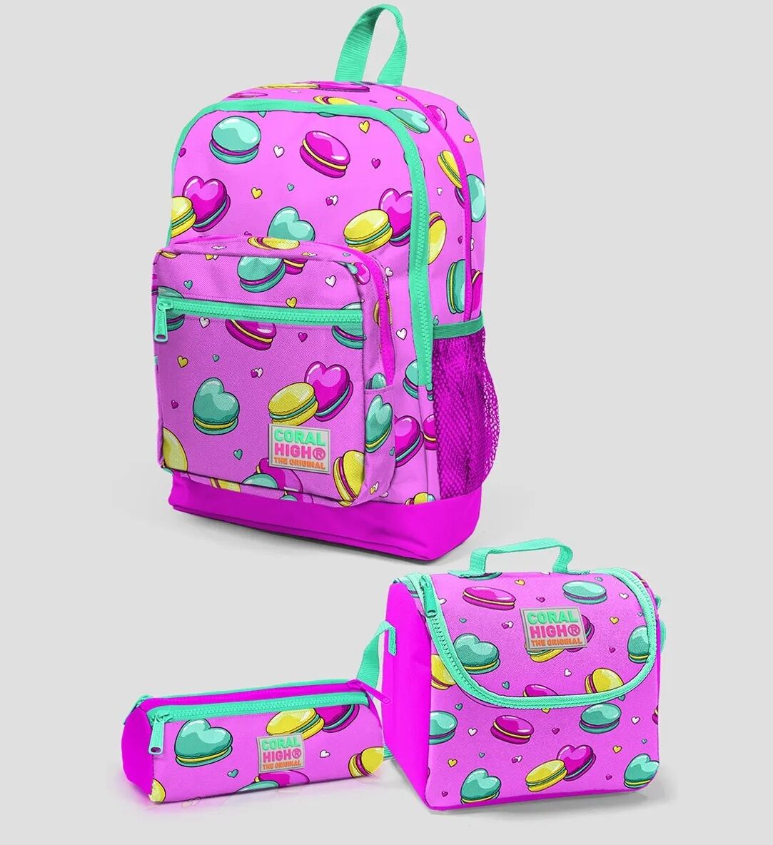 Çocuk Açık Pembe Makaron Desenli Dört Bölmeli Çanta Seti 3'lü