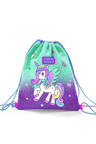 Kids Mor Su Yeşili Unicorn Desenli Ipli Büzgülü Sırt Çantası 22691