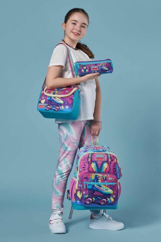 Kids Pembe Turkuaz Kulaklık Paten Desenli 3’lü Okul Çanta Seti SET0123754
