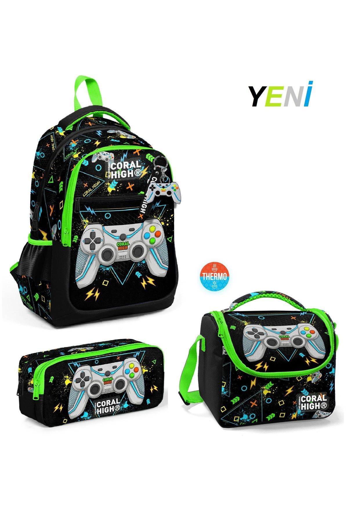 Kids Siyah Fosforlu Yeşil Gamer Desenli Üç Bölmeli 3'LÜ SET çanta