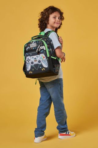 Kids Siyah Fosforlu Yeşil Gamer Desenli Üç Bölmeli 3'LÜ SET çanta