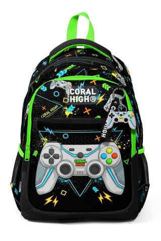 Kids Siyah Fosforlu Yeşil Gamer Desenli Üç Bölmeli 3'LÜ SET çanta