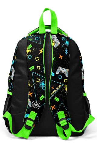 Kids Siyah Fosforlu Yeşil Gamer Desenli Üç Bölmeli 3'LÜ SET çanta