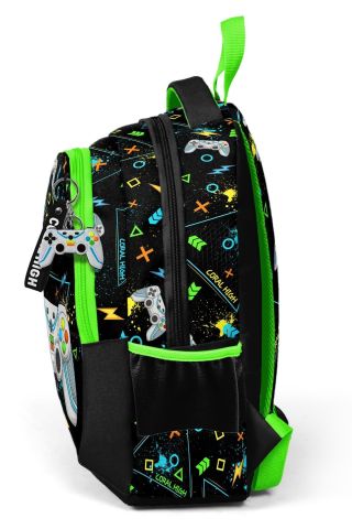 Kids Siyah Fosforlu Yeşil Gamer Desenli Üç Bölmeli 3'LÜ SET çanta