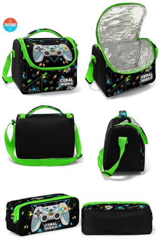 Kids Siyah Fosforlu Yeşil Gamer Desenli Üç Bölmeli 3'LÜ SET çanta