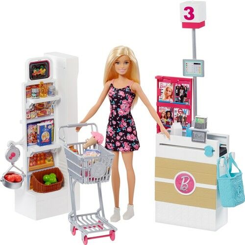 Barbie Süpermarkette Oyun Seti, Alışveriş Sepeti ve 25'ten Fazla Aksesuar Dahil FRP01