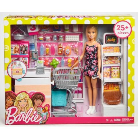 Barbie Süpermarkette Oyun Seti, Alışveriş Sepeti ve 25'ten Fazla Aksesuar Dahil FRP01