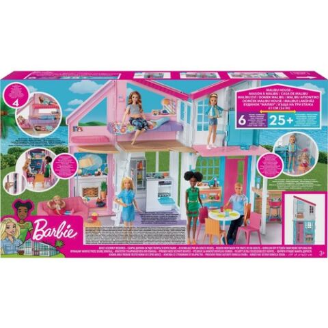 Barbie'nin Malibu Evi, Dönüşüm Özellikli, 25'ten Fazla Parçalı ve 2 Katlı Bebek Evi FXG57