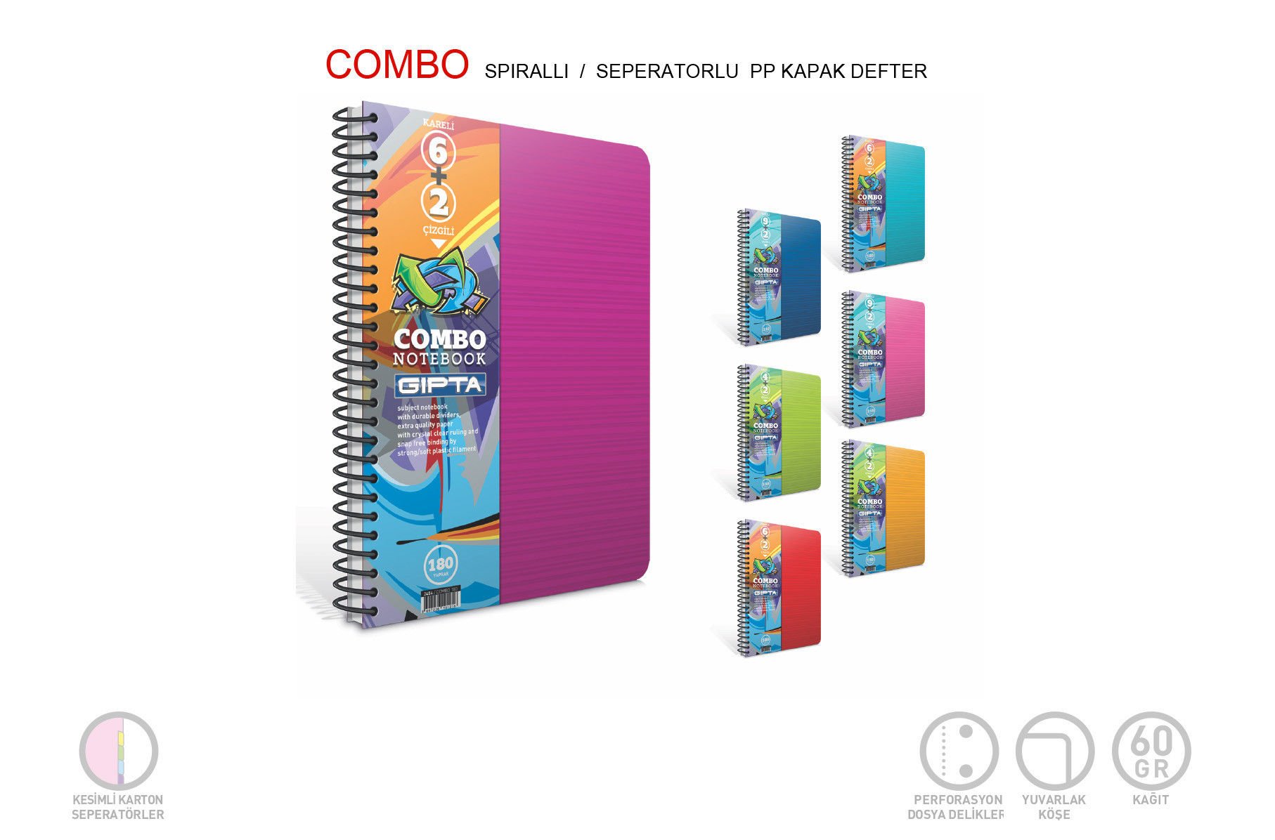 Gıpta Combo Notebook 4Kareli+2Çizgili 150 Yaprak Spiralli Defter