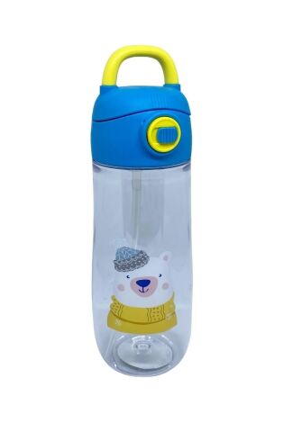 550ml Hayvan Desenli Pipetli Tritan Çocuk Matarası Mavi