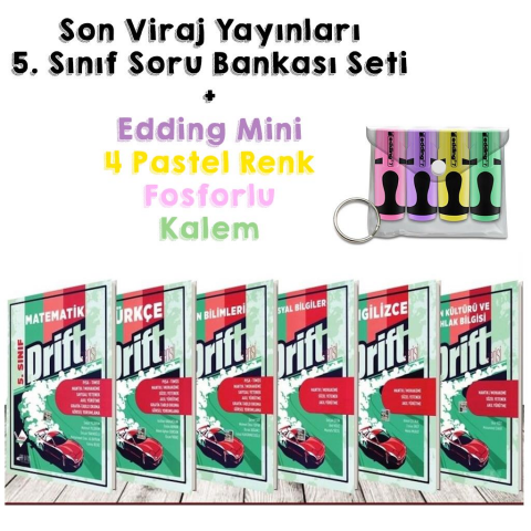 Son Viraj Yayınları 5.Sınıf Tüm Dersler Soru Bankası Drift Seti 6 Kitap +Edding Mini 4 Pastel Renk Fosforlu Kalem