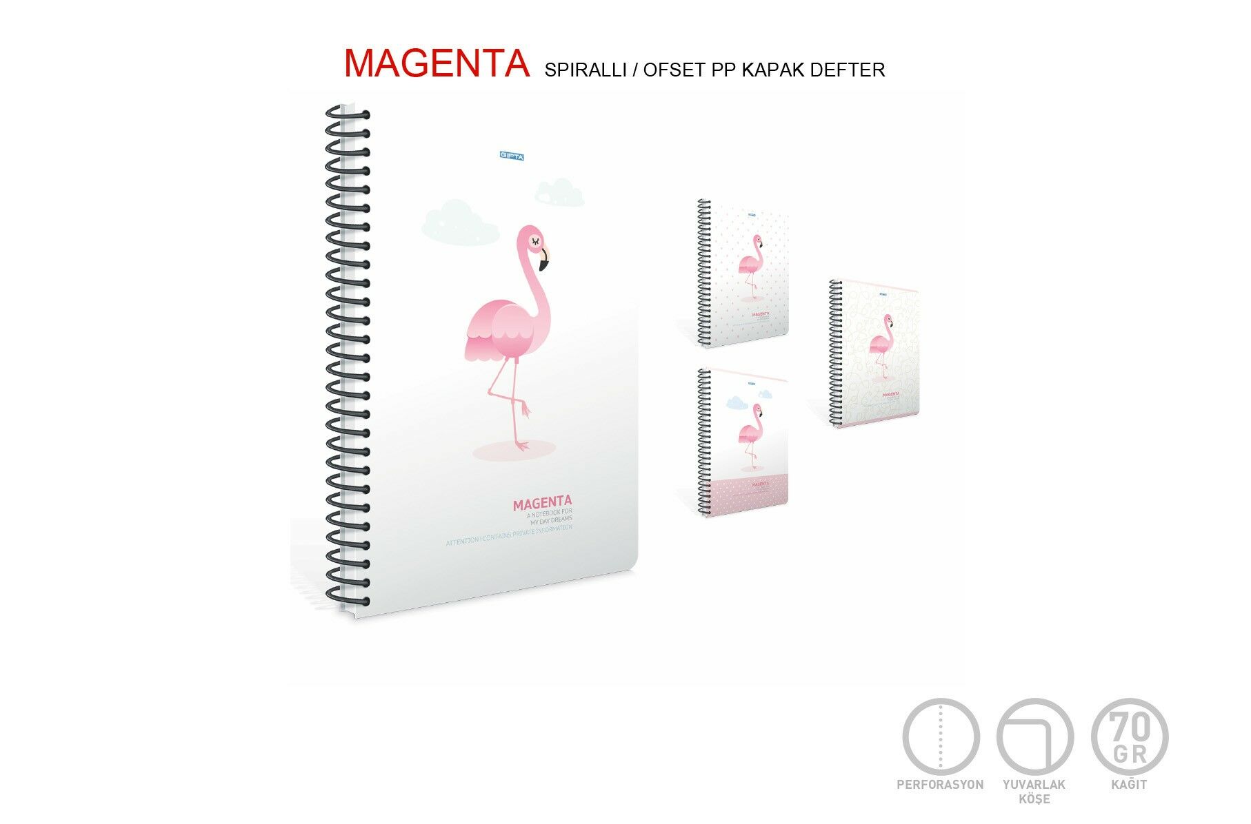 Gıpta Magenta Plastik Kapak 19x26 80 Yaprak Çizgili Spiralli Defter