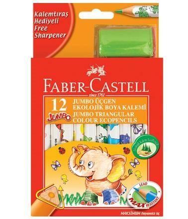 Faber-Castell Jumbo Üçgen Beyaz Gövde Boya Kalemi̇ 12 Renk Yarim Boy