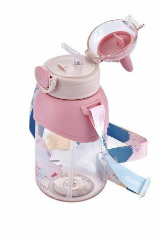 Boyun Askılı Pipetli Kilitli Kapak 650 Ml Okul Su Matarası Pembe