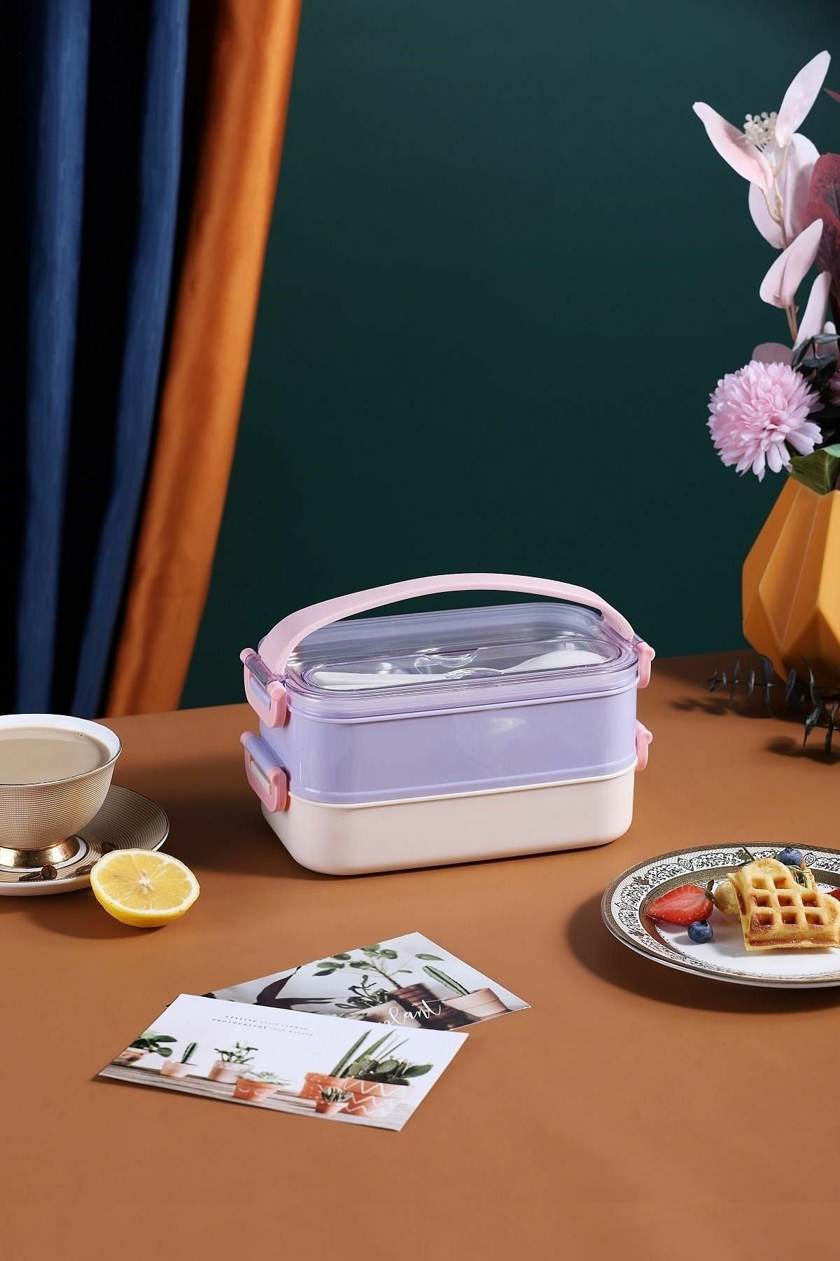 Bento Lunch Box Mor-Pembe Ofis-okul Için Yeni Nesil Sefer Tası Taşınabilir Yemek Kutusu Çelik Ff462