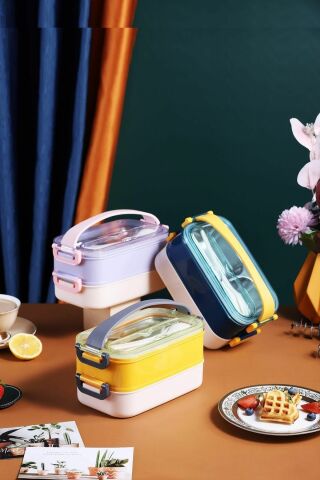 Bento Lunch Box Mor-Pembe Ofis-okul Için Yeni Nesil Sefer Tası Taşınabilir Yemek Kutusu Çelik Ff462