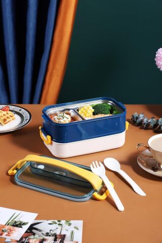 Bento Lunch Box Lacivert Ofis-okul Için Yeni Nesil Sefer Tası Taşınabilir Yemek Kutusu Çelik Ff462