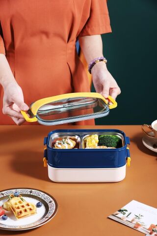 Bento Lunch Box Lacivert Ofis-okul Için Yeni Nesil Sefer Tası Taşınabilir Yemek Kutusu Çelik Ff462