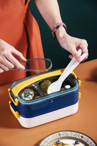 Bento Lunch Box Lacivert Ofis-okul Için Yeni Nesil Sefer Tası Taşınabilir Yemek Kutusu Çelik Ff462