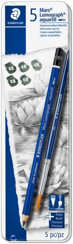 Staedtler 100A G6 Mars Lumograph Aquarell Kurşun Kalem 5'Li Set + Firça
