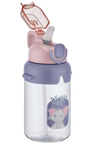 Vagonlife 2266 Mor-Pembe Boyun Askılı Kalın Pipetli Kilitli Kapak 650 Ml Okul Su Matarası 3 Renk
