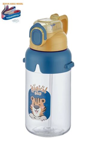 Vagonlife 2266 Mavi-Sarı Boyun Askılı Kalın Pipetli Kilitli Kapak 650 Ml Okul Su Matarası 3 Renk
