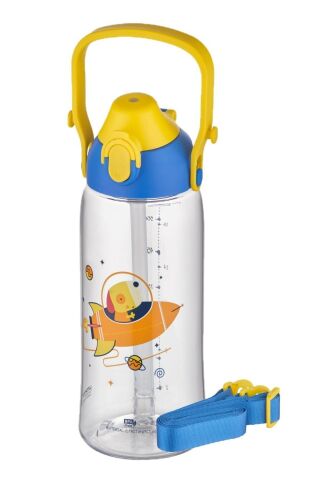 Uzspace 2203 Mavi-Sarı 730ml Tritan Tek Kapak Çift Kullanım Pipetli/pipetsiz Askı Aparatlı Tritan Çocuk Su Matarası