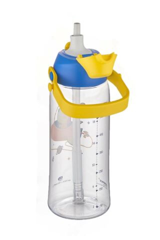 Uzspace 2203 Mavi-Sarı 730ml Tritan Tek Kapak Çift Kullanım Pipetli/pipetsiz Askı Aparatlı Tritan Çocuk Su Matarası