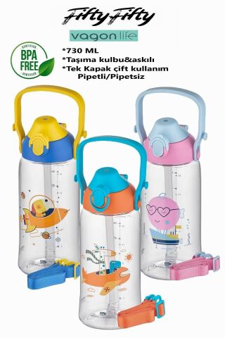 Uzspace 2203 Mavi-Sarı 730ml Tritan Tek Kapak Çift Kullanım Pipetli/pipetsiz Askı Aparatlı Tritan Çocuk Su Matarası