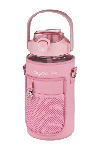Vagonlife VGN2115 Kılıflı ((telefon Koyma Yeri)) Taşıma Askılı 1500 Ml Pipetli/pipetsiz Kullanım Su Matarası Pembe