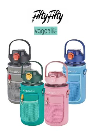 Vagonlife VGN2115 Kılıflı ((telefon Koyma Yeri)) Taşıma Askılı 1500 Ml Pipetli/pipetsiz Kullanım Su Matarası Mavi